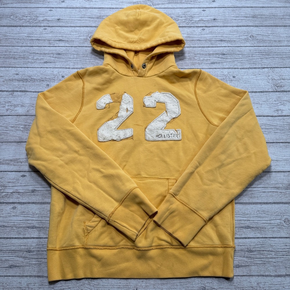 Y2K Hollister Hoodie Mens XL Yellow Applique Pullover Athletic Distressed Skater